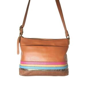 The Sak - Sierra Chestnut Brown Leather Crossbody Purse, Pink & Blue Stripe Base
